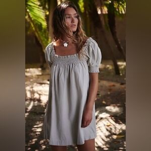 Free People Mila Mini Dress Quiet Gray Medium NEW NWT Short Puff Sleeve Smocked